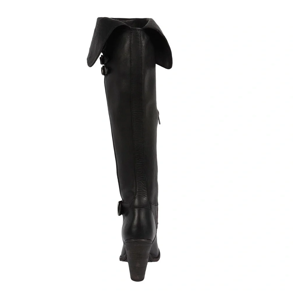 Frye Jenny Belted Over the Knee Black Leather Buckle Boots